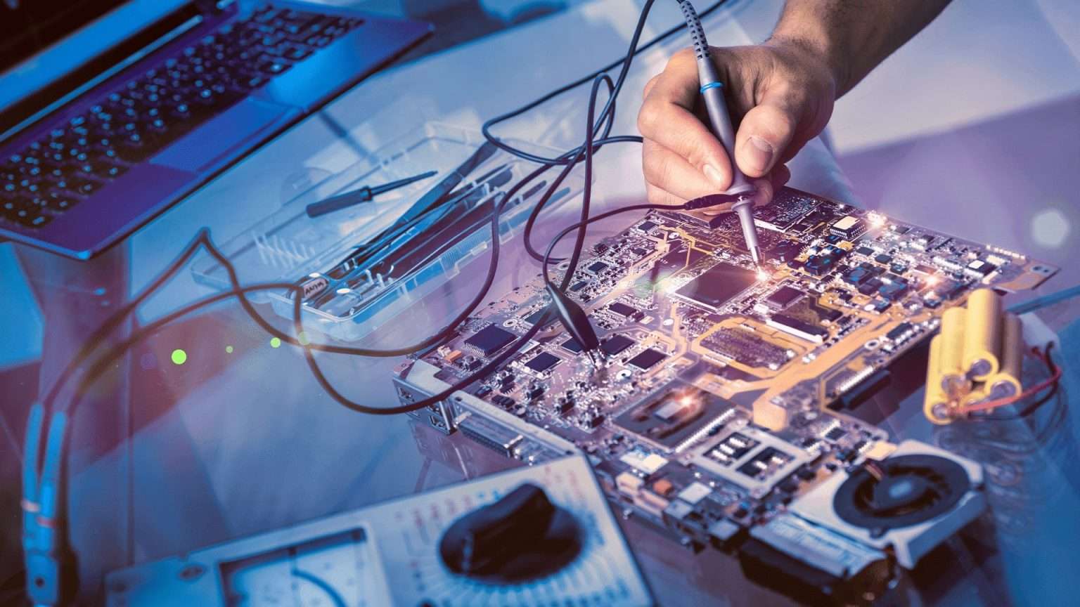 A close-up view of a motherboard being repaired, showing various electronic components and soldering equipment