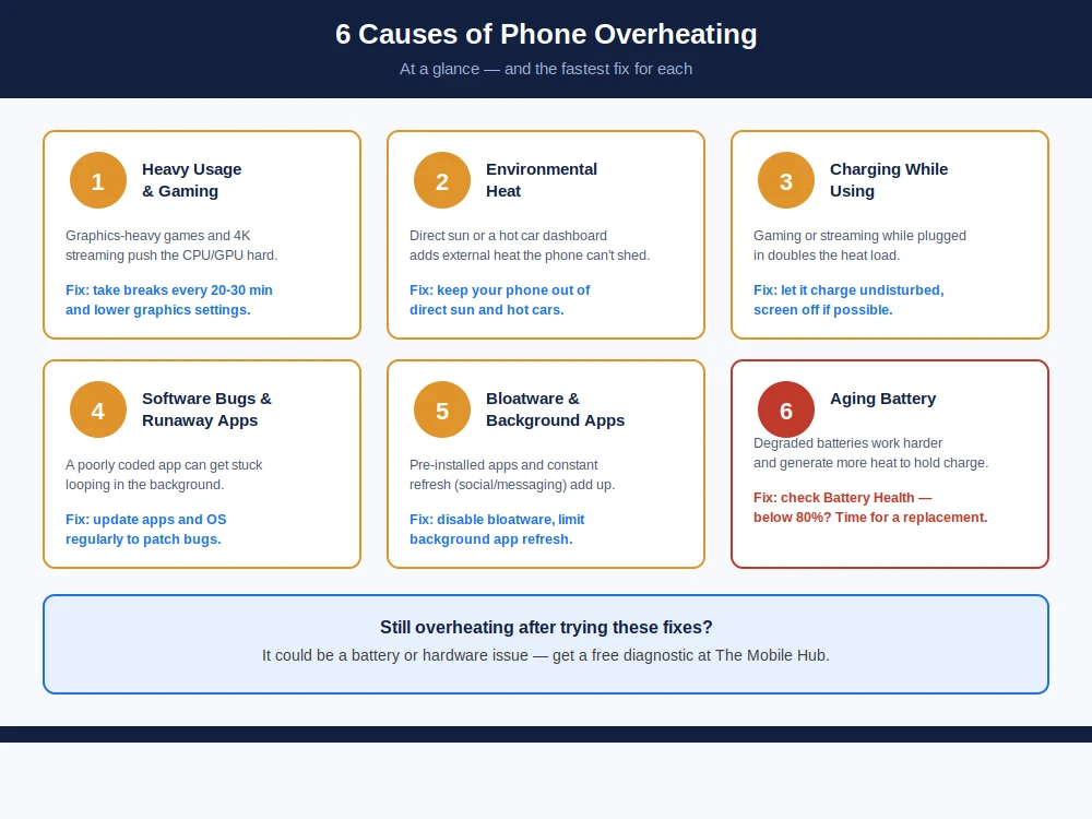 Infographic showing 6 causes of phone overheating — heavy usage, environmental heat, charging while using, software bugs, bloatware, and aging battery, with quick fixes for each